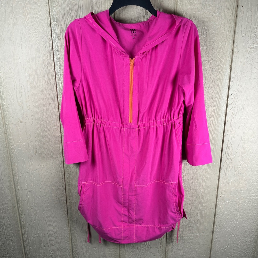 Title Nine 1/4 Zip Pullover Hooded Tunic Jacket Sz M Pink 3/4 Sleeve Cinch Side